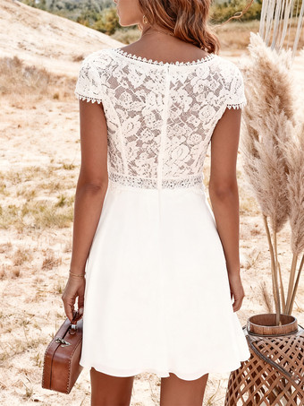 ショート丈ウェディングドレス Vネック 半袖 ショート丈 ブライダルドレス