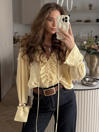エレガントな淡い黄色のフリルVネックブラウス（オーバーサイズフィット）2025年レディース