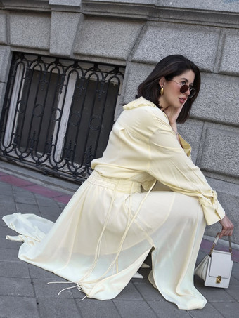 エレガントな淡い黄色のフリルVネックブラウス（オーバーサイズフィット）2025年レディース