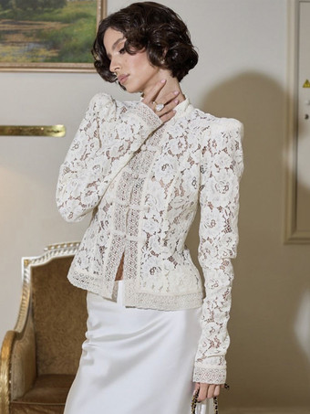 アイボリー マンダリンカラーのレーストップス（中国風フロッグボタン付き、女性用）2026年