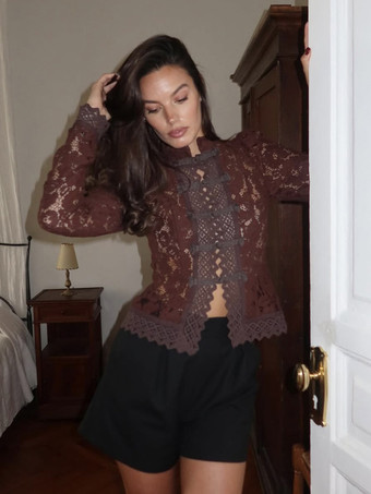 ブラウンマンダリンカラーのレーストップス（中国風フロッグボタン付き、女性用）2026年