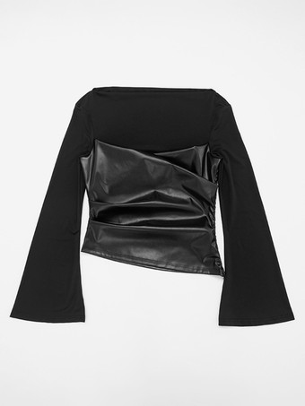 ボートネックとフレアスリーブのブラックフェイクレザーパネルトップス（レディース 2025）