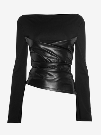 ボートネックとフレアスリーブのブラックフェイクレザーパネルトップス（レディース 2025）