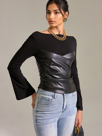 ボートネックとフレアスリーブのブラックフェイクレザーパネルトップス（レディース 2025）