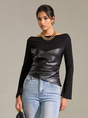 ボートネックとフレアスリーブのブラックフェイクレザーパネルトップス（レディース 2025）