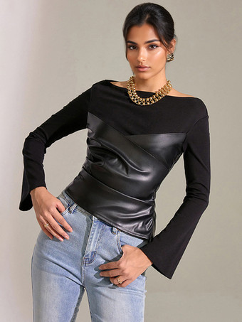 ボートネックとフレアスリーブのブラックフェイクレザーパネルトップス（レディース 2025）