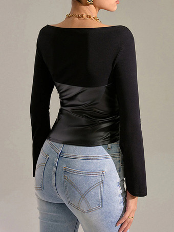 ボートネックとフレアスリーブのブラックフェイクレザーパネルトップス（レディース 2025）