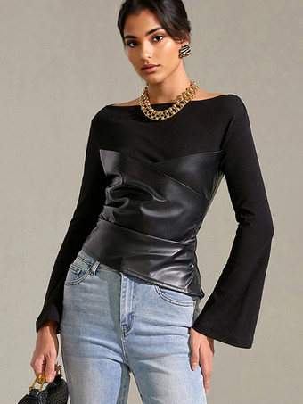 ブラック ボートネックとフレアスリーブのブラックフェイクレザーパネルトップス（レディース 2025）