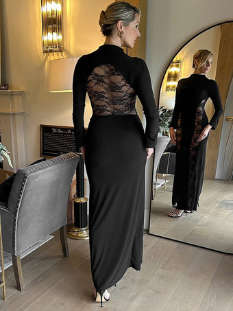 レディース向けモックネックのブラックレースパネルボディコンマキシドレス（2025年）