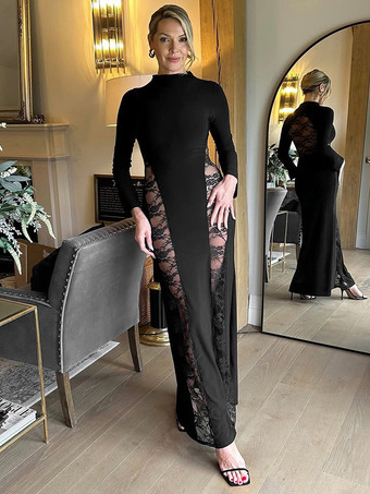 レディース向けモックネックのブラックレースパネルボディコンマキシドレス（2025年）