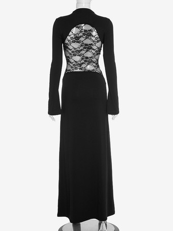 レディース向けモックネックのブラックレースパネルボディコンマキシドレス（2025年）
