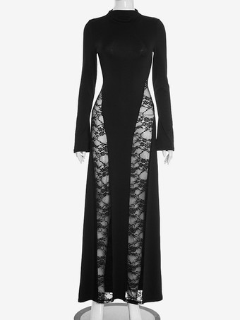 レディース向けモックネックのブラックレースパネルボディコンマキシドレス（2025年）