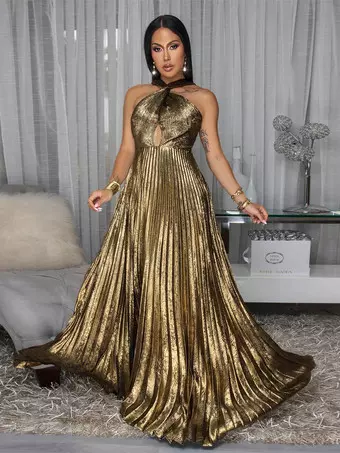 Gold Pleated Halter Gown With Waist Cut-Out For Evening Parties 2026 - Milanoo.com Gold Pleated Halter Gown With Waist Cut-Out For Evening Parties 2026 - Milanoo.com