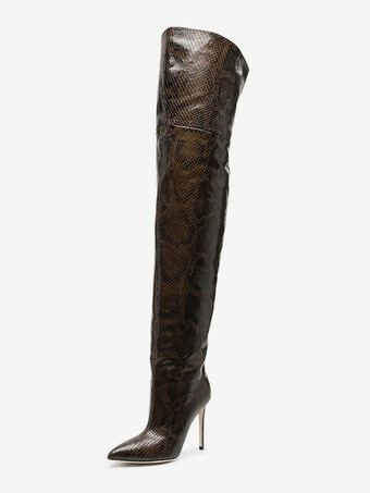 Coffee BrownWomen's Sexy Over The Knee Boots Pointed Toe Snake Pattern High Heel Thigh High Boots