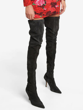 スエードサイハイブーツ ハイヒール ポインテッドトゥ オーバーニーブーツ