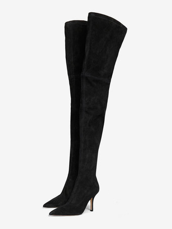 ブラック スエードサイハイブーツ ハイヒール ポインテッドトゥ オーバーニーブーツ