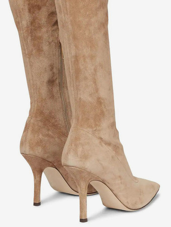 スエードサイハイブーツ ハイヒール ポインテッドトゥ オーバーニーブーツ