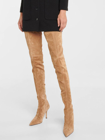 スエードサイハイブーツ ハイヒール ポインテッドトゥ オーバーニーブーツ