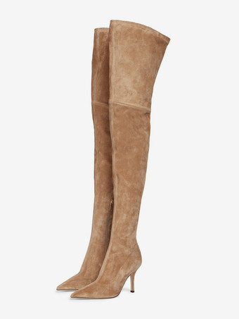 カーキ スエードサイハイブーツ ハイヒール ポインテッドトゥ オーバーニーブーツ