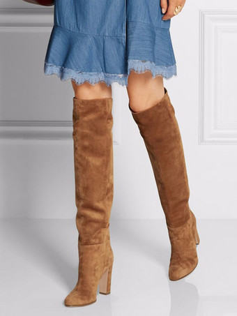 スエードのオーバーニーブーツ、ラウンドトゥ、チャンキーヒール、サイハイブーツ