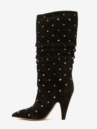 ブラック ブラック スラウチブーツ スエード ポインテッドトゥ スタッズ チャンキーヒール ミッドカーフブーツ