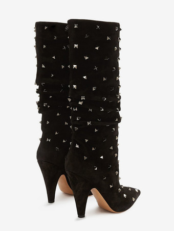 ブラック スラウチブーツ スエード ポインテッドトゥ スタッズ チャンキーヒール ミッドカーフブーツ