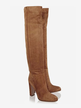 スエードのオーバーニーブーツ、ラウンドトゥ、チャンキーヒール、サイハイブーツ