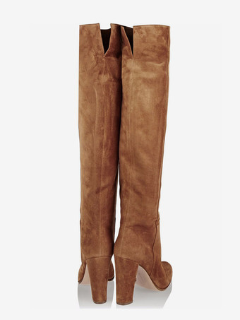 スエードのオーバーニーブーツ、ラウンドトゥ、チャンキーヒール、サイハイブーツ