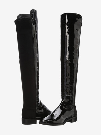 ブラックフラットブーツ レディース ラウンドトゥ パッチワーク オーバーニーブーツ