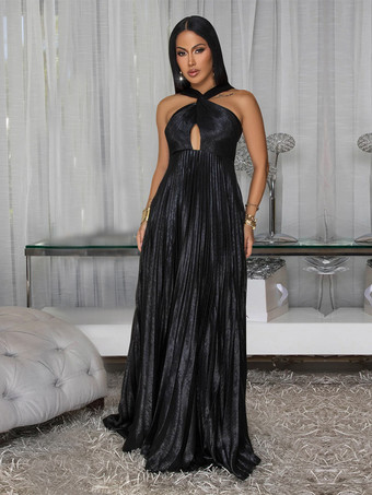 ブラック ウエストカットアウトのゴールドプリーツホルターネックガウン（イブニングパーティー向け）2025