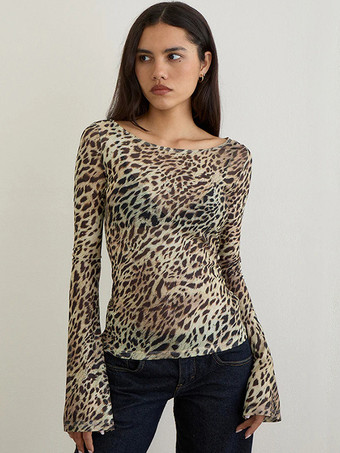 Y2K シアー アニマルプリント トップス（フレアスリーブ、レディース 2025 年）