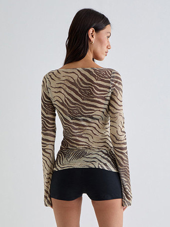 Y2K シアー アニマルプリント トップス（フレアスリーブ、レディース 2025 年）