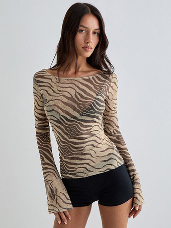 Y2K シアー アニマルプリント トップス（フレアスリーブ、レディース 2025 年）