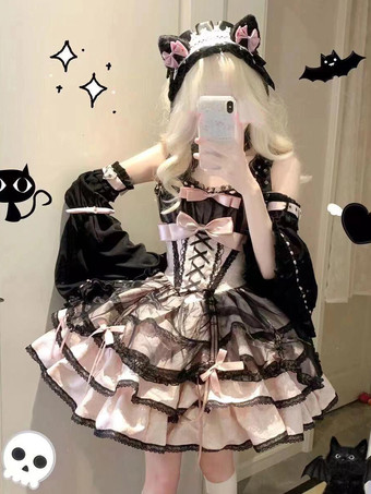 Black Sweet Ballet Lolita Dress Detachable Sleeve Lace Up Pink Jumper Skirt Dress With Choker