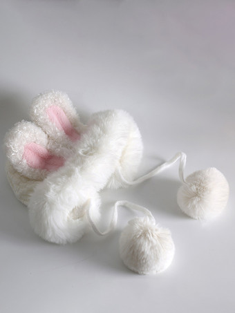 Süßer Lolita-Hut mit weißen Hasenohren und Bommeln kuschelweiches warmes Lolita-Accessoire