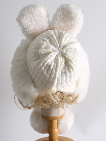 Süßer Lolita-Hut mit weißen Hasenohren und Bommeln kuschelweiches warmes Lolita-Accessoire