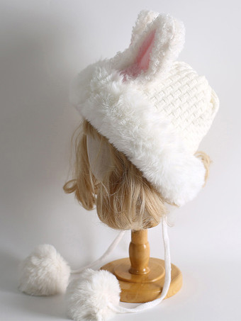 Süßer Lolita-Hut mit weißen Hasenohren und Bommeln kuschelweiches warmes Lolita-Accessoire