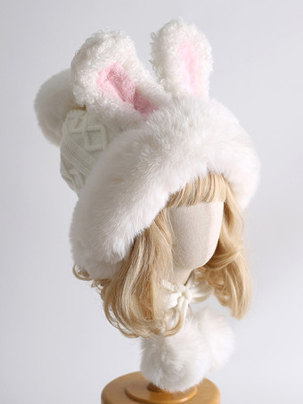 Süßer Lolita-Hut mit weißen Hasenohren und Bommeln kuschelweiches warmes Lolita-Accessoire