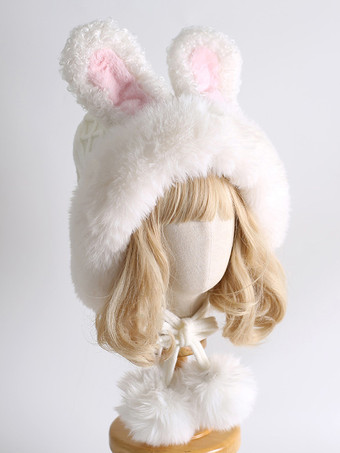 Süßer Lolita-Hut mit weißen Hasenohren und Bommeln kuschelweiches warmes Lolita-Accessoire
