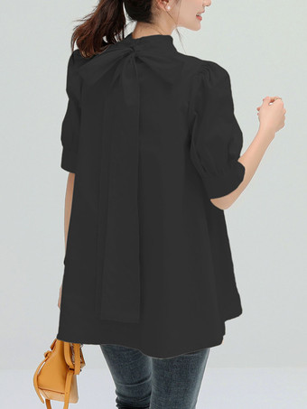 ブラック カジュアルスタンドカラーホワイトハーフスリーブストラップトップシャツ＆ブラウストップスレディースファッション