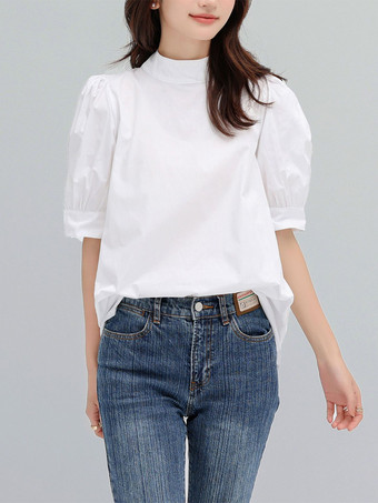 カジュアルスタンドカラーホワイトハーフスリーブストラップトップシャツ＆ブラウストップスレディースファッション