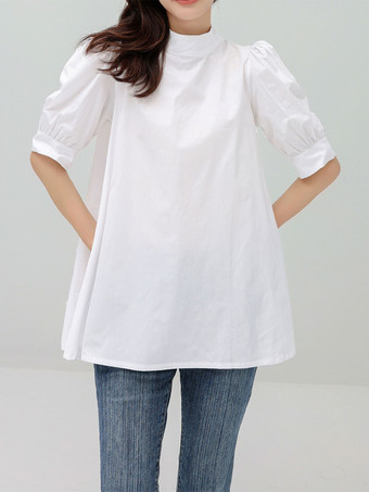 カジュアルスタンドカラーホワイトハーフスリーブストラップトップシャツ＆ブラウストップスレディースファッション