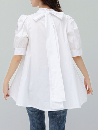 カジュアルスタンドカラーホワイトハーフスリーブストラップトップシャツ＆ブラウストップスレディースファッション