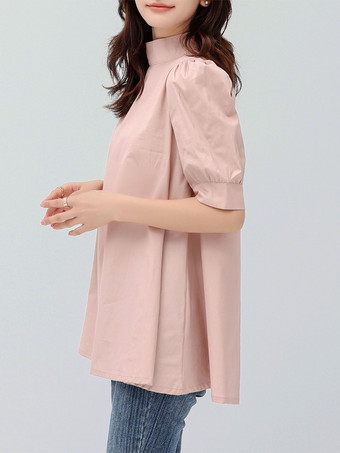 カジュアルスタンドカラーホワイトハーフスリーブストラップトップシャツ＆ブラウストップスレディースファッション