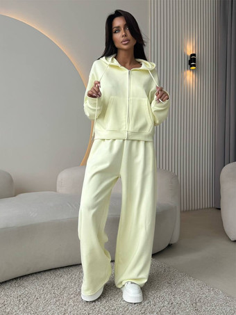 イエローオーバーサイズ クロップド ジップパーカーとワイドレッグ トラックスーツ セット（レディース 2026）