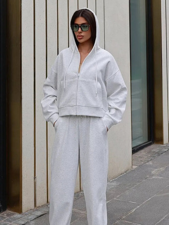 ライトグレーオーバーサイズ クロップド ジップパーカーとワイドレッグ トラックスーツ セット（レディース 2026）