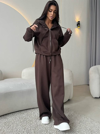 ブラウンオーバーサイズ クロップド ジップパーカーとワイドレッグ トラックスーツ セット（レディース 2026）