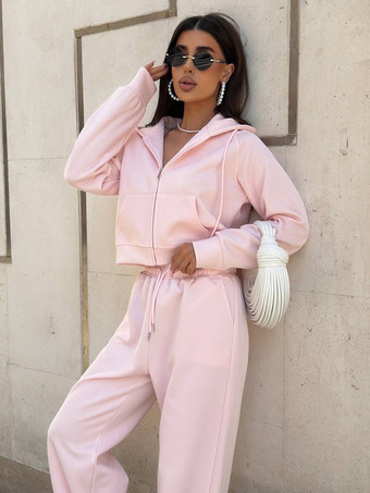 ピンクY2K クロップド ジップ パーカー＆ジョガーパンツ レジャー トラックスーツ セット レディース 2025