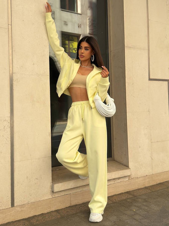 イエローY2K クロップド ジップ パーカー＆ジョガーパンツ レジャー トラックスーツ セット レディース 2025