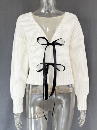 フロントリボンタイ留めクロップドカーディガン（レディース 2025）